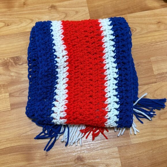 NEW Handmade Crochet Scarf with Red White 7 Blue Stripes - Picture 1 of 1